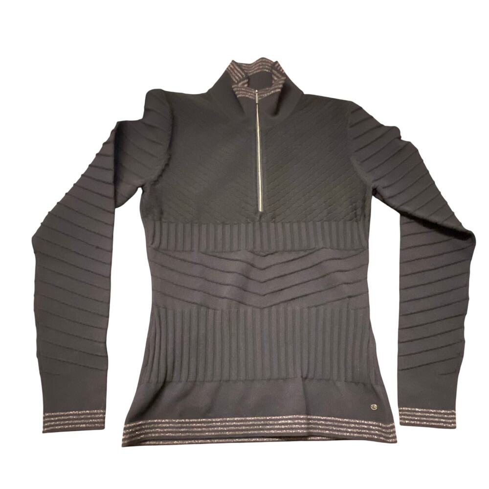Luhta Black Ribbed Quarter Zip Sweater XS Metallic Trim Ski Après Ski